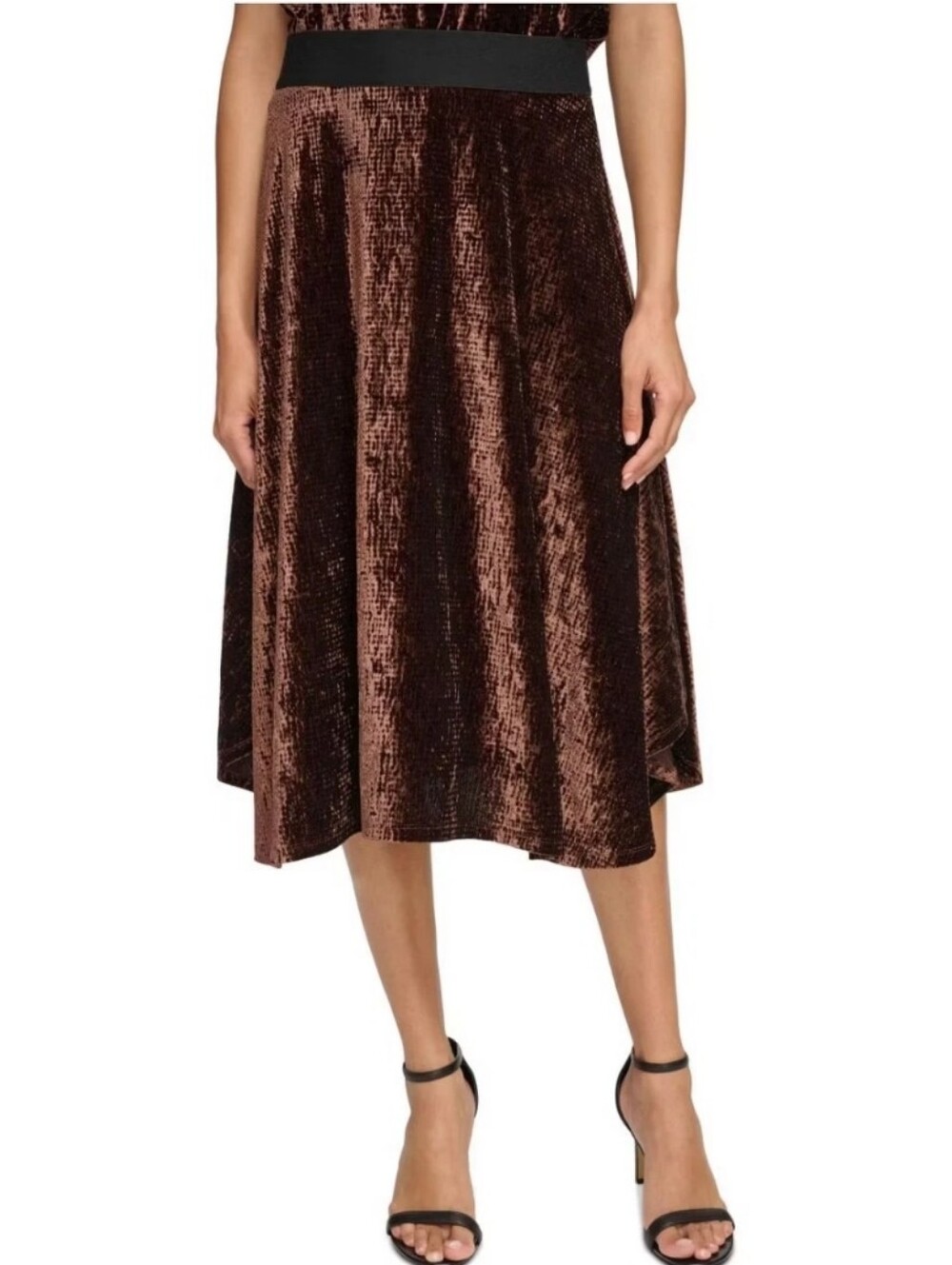 Calvin Klein Brown Crushed Velvet Midi Skirt XL Pull On Elastic Waistband Fall